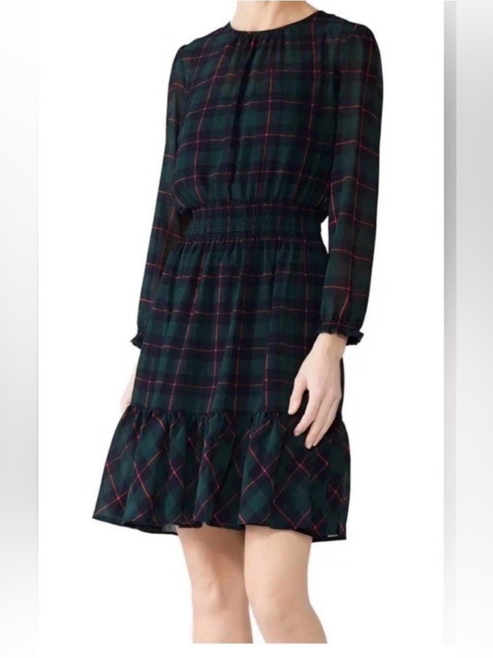J.Crew Glendale Tartan Plaid Chiffon Dress Cinched Waist Ruffle Holiday Medium
